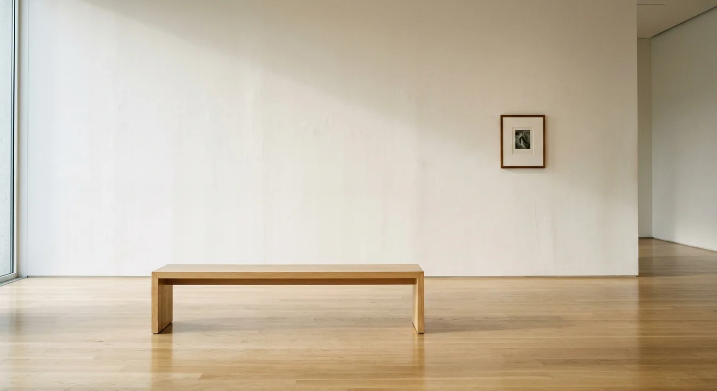 A pale oak bench in front of a warm white gallery wall.