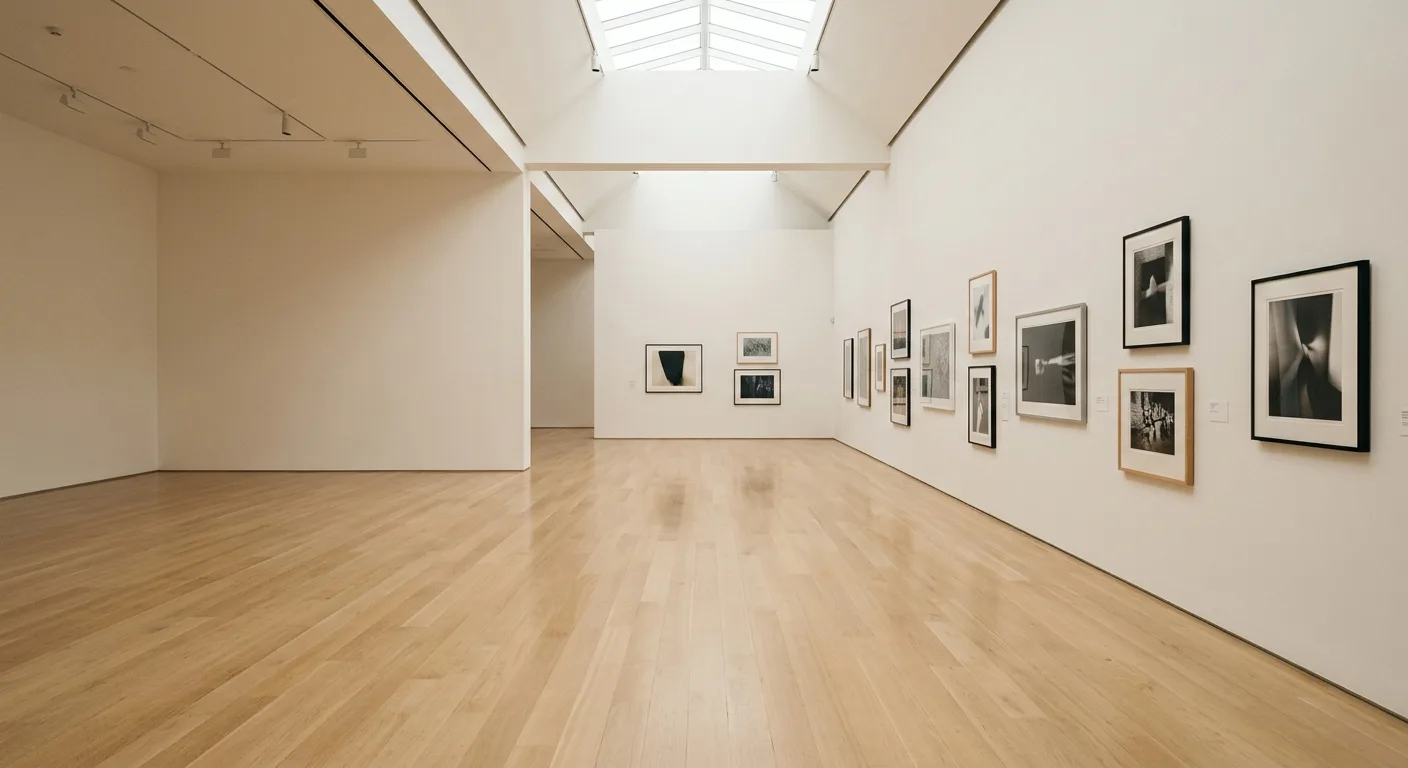 A bright gallery interior with framed works hung along a warm white wall.
